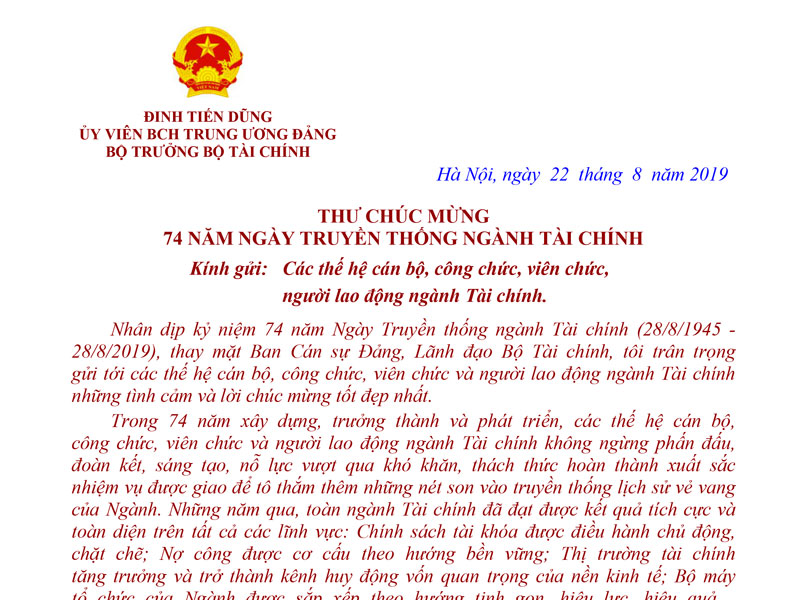 Thư chúc mừng 74 năm Ngày Truyền thống ngành Tài chính Việt Nam của Bộ trưởng Bộ Tài chính